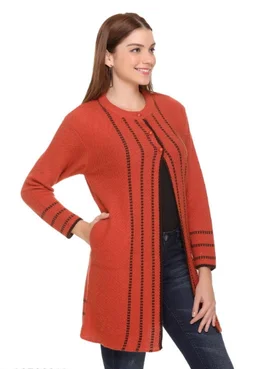 CLAPTON Women Round Neck Rust Full Sleeve With Pocket Wool Cardigan (Outer Long) - XXL, Rust, Wool, Pack of1